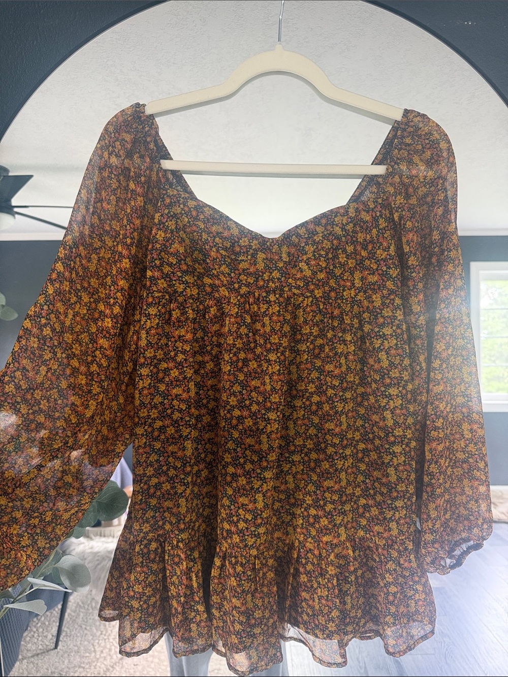 Boho Floral Peasant Dress - Rust Yellow Floral size S